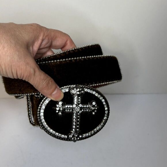 Western Cowgirl Rhinestone Cross Studded Pony Hair Belt Brown Silver main image 4